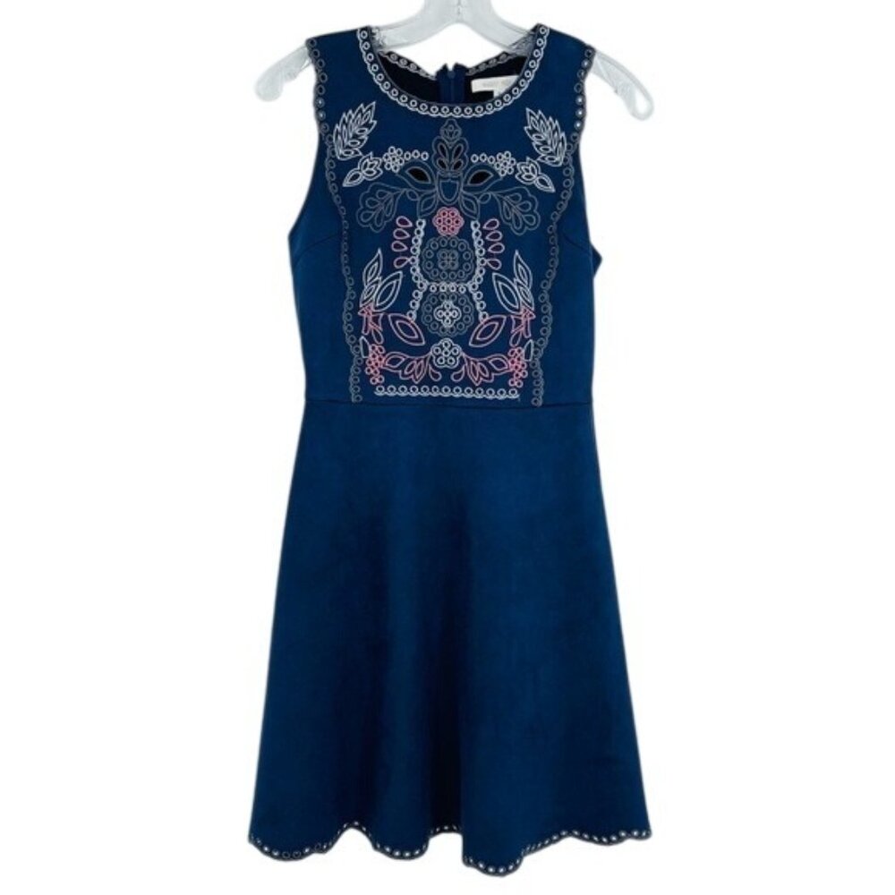 New August Mist Floral Embroidered‎ Fit And Flare Dress Womens S Blue Faux Suede
